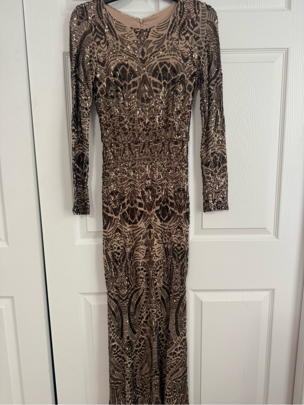 Betsy & Adam Long-Sleeve Sequin Evening Gown in Brown